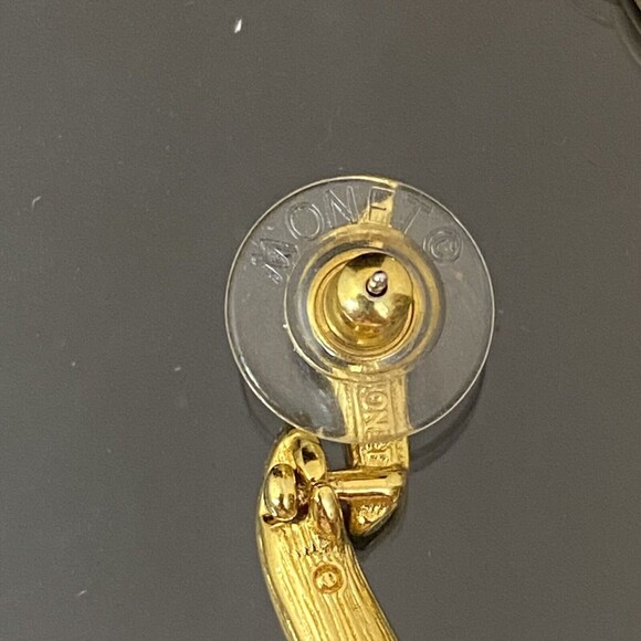 Monet Gold & White Rhinestone Feather Leaf Dangle Post Earrings - Picture 7 of 10